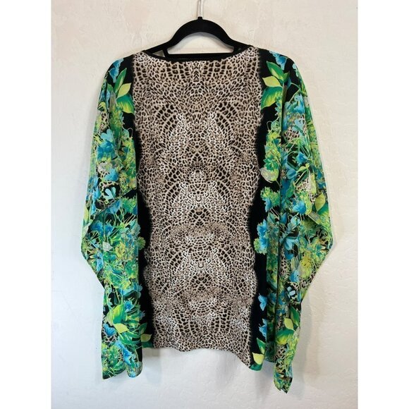 Dana Buchman XL Poncho Blouse Animal Print Meets Blue Green Black Floral Print C - Picture 4 of 6